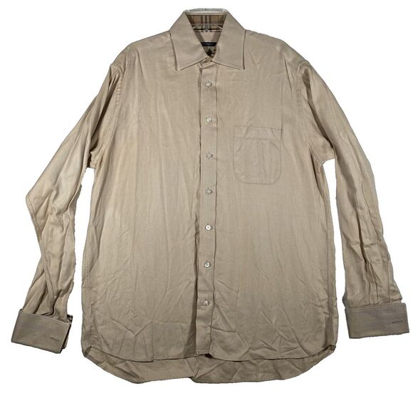 Burberry London Mens Beige Herringbone button up shirt size Large -‎ flawed - Picture 1 of 11
